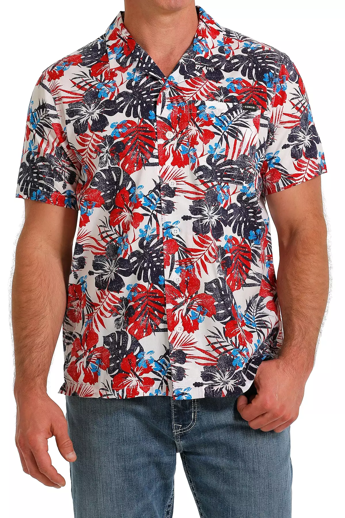 'Cinch' Men's Leaf Print Classic Fit Camp Shirt - Red / White / Blue