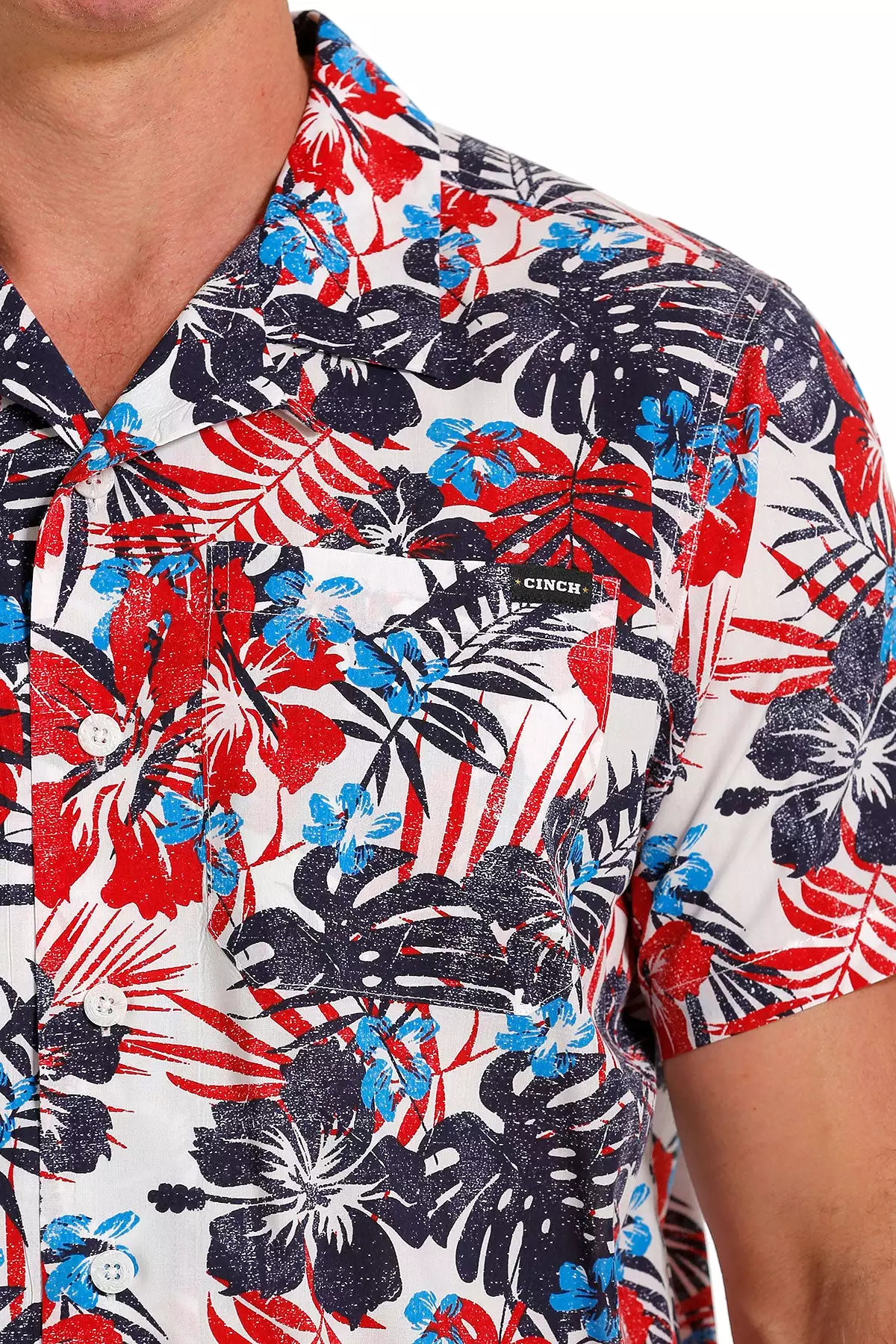 'Cinch' Men's Leaf Print Classic Fit Camp Shirt - Red / White / Blue