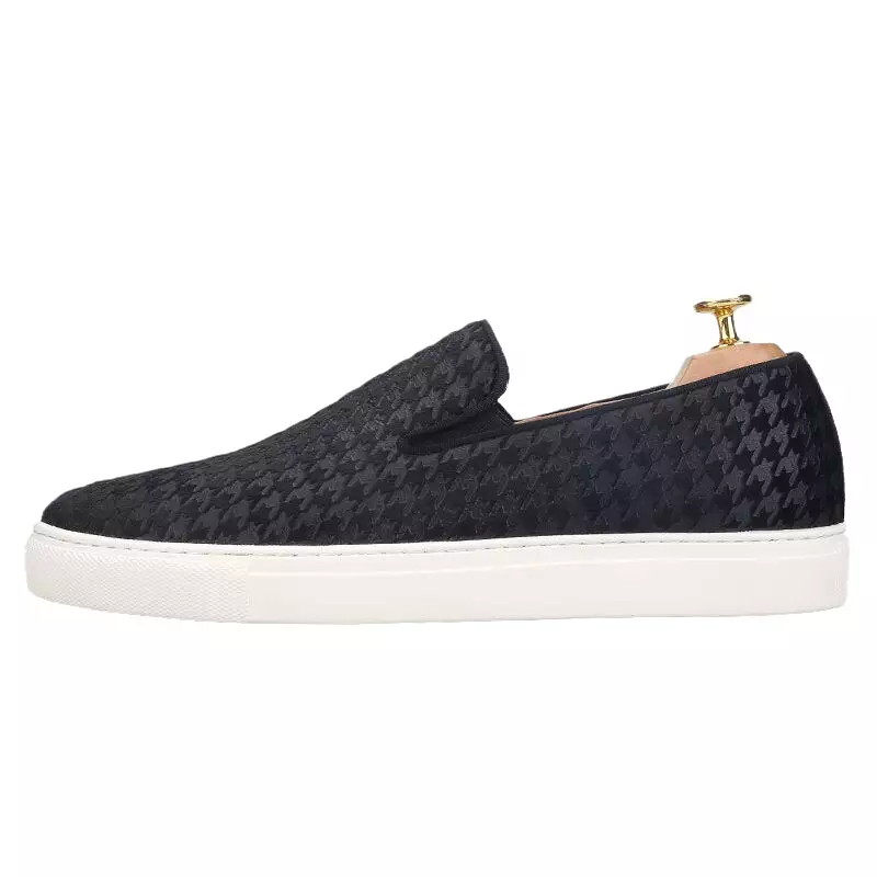 Houndstooth Embossed Velvet Men Sneakers Increase White Soles Handcrafted Men's Casual Shoes BreathableLeather Insole