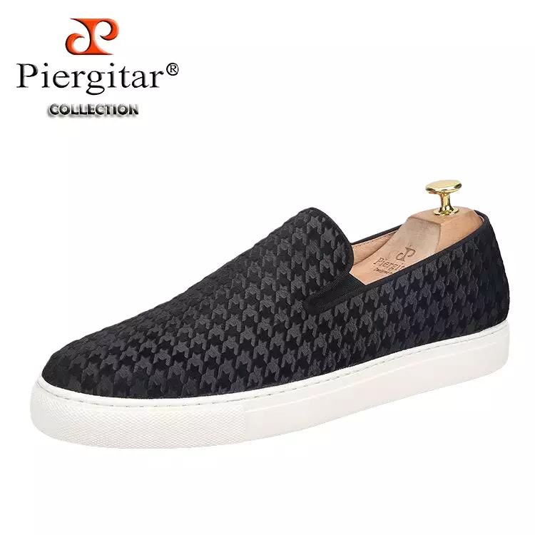 Houndstooth Embossed Velvet Men Sneakers Increase White Soles Handcrafted Men's Casual Shoes BreathableLeather Insole