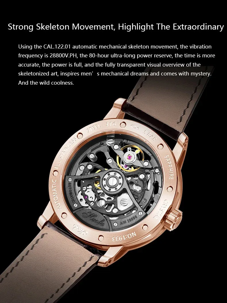 Luxury Sapphire Skeleton Automatic Mechanical Waterproof Business Watch for Men