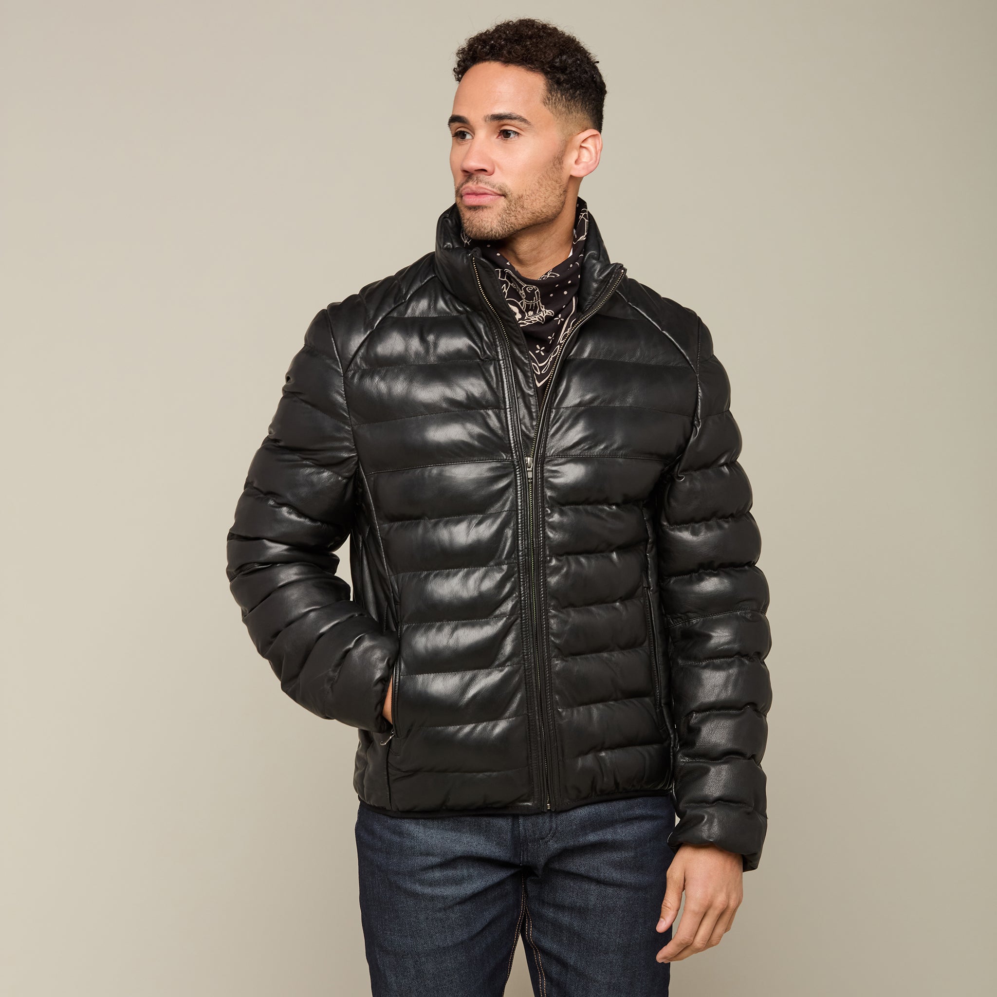 Men's Leather Puffer Jacket :: Black