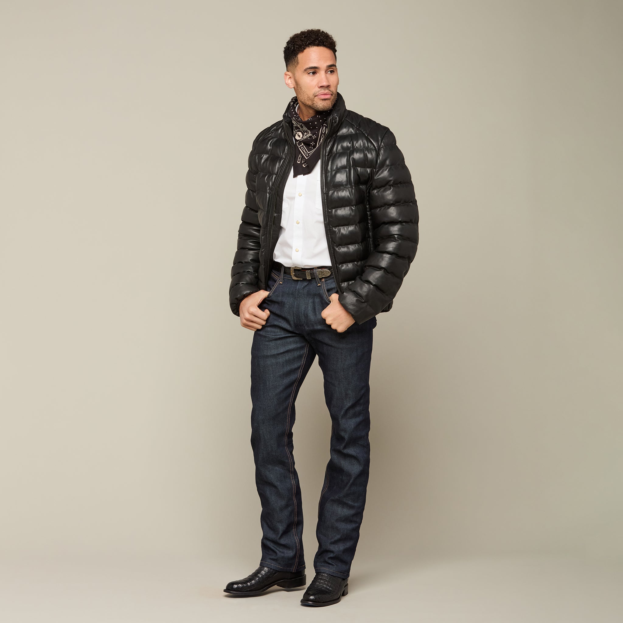 Men's Leather Puffer Jacket :: Black