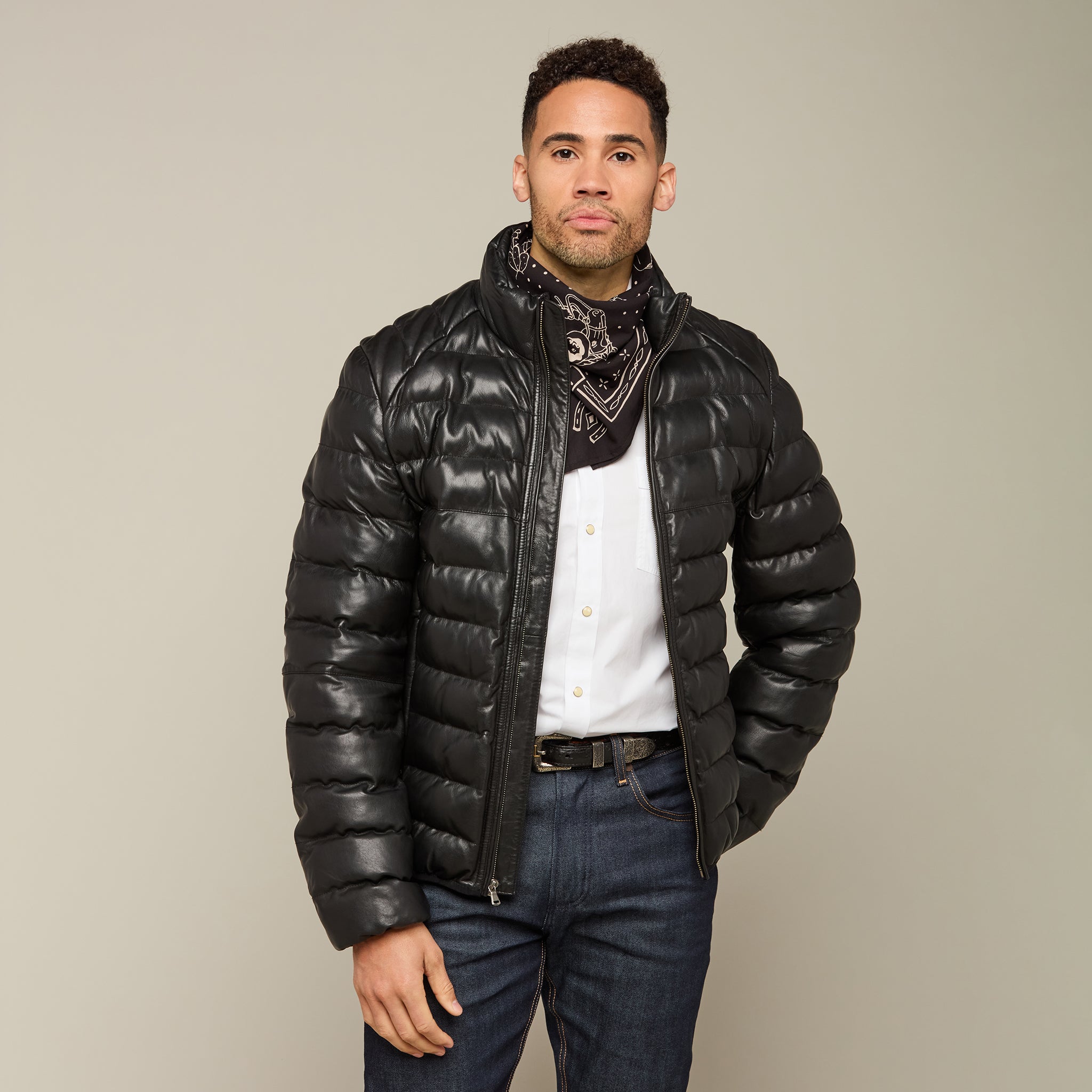 Men's Leather Puffer Jacket :: Black