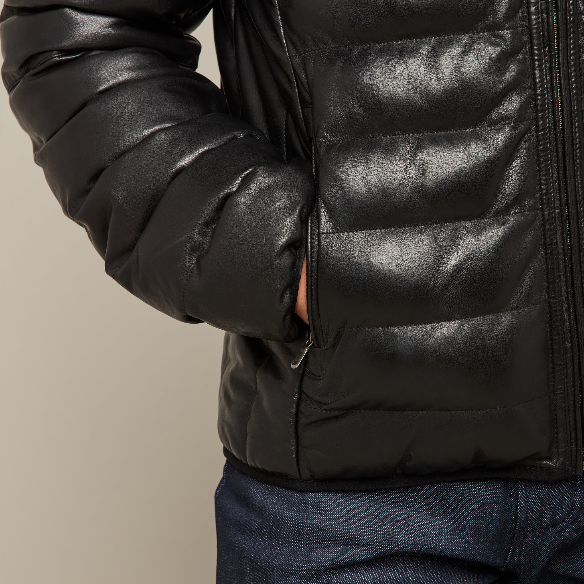 Men's Leather Puffer Jacket :: Black