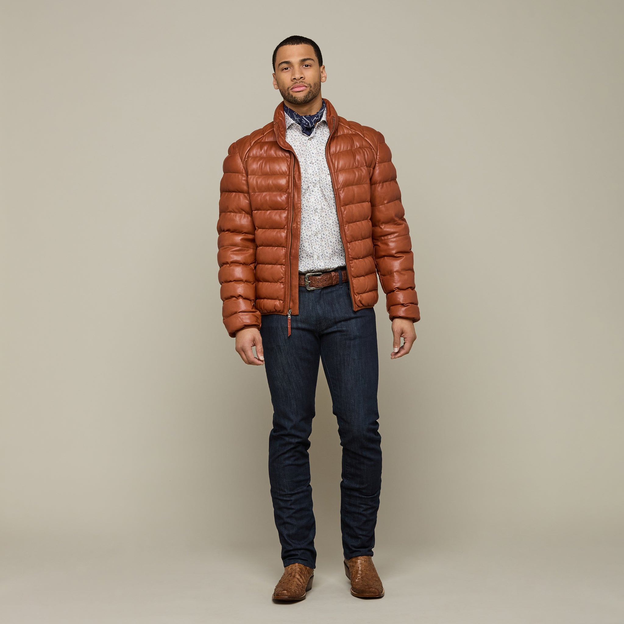 Men's Leather Puffer Jacket :: Cognac