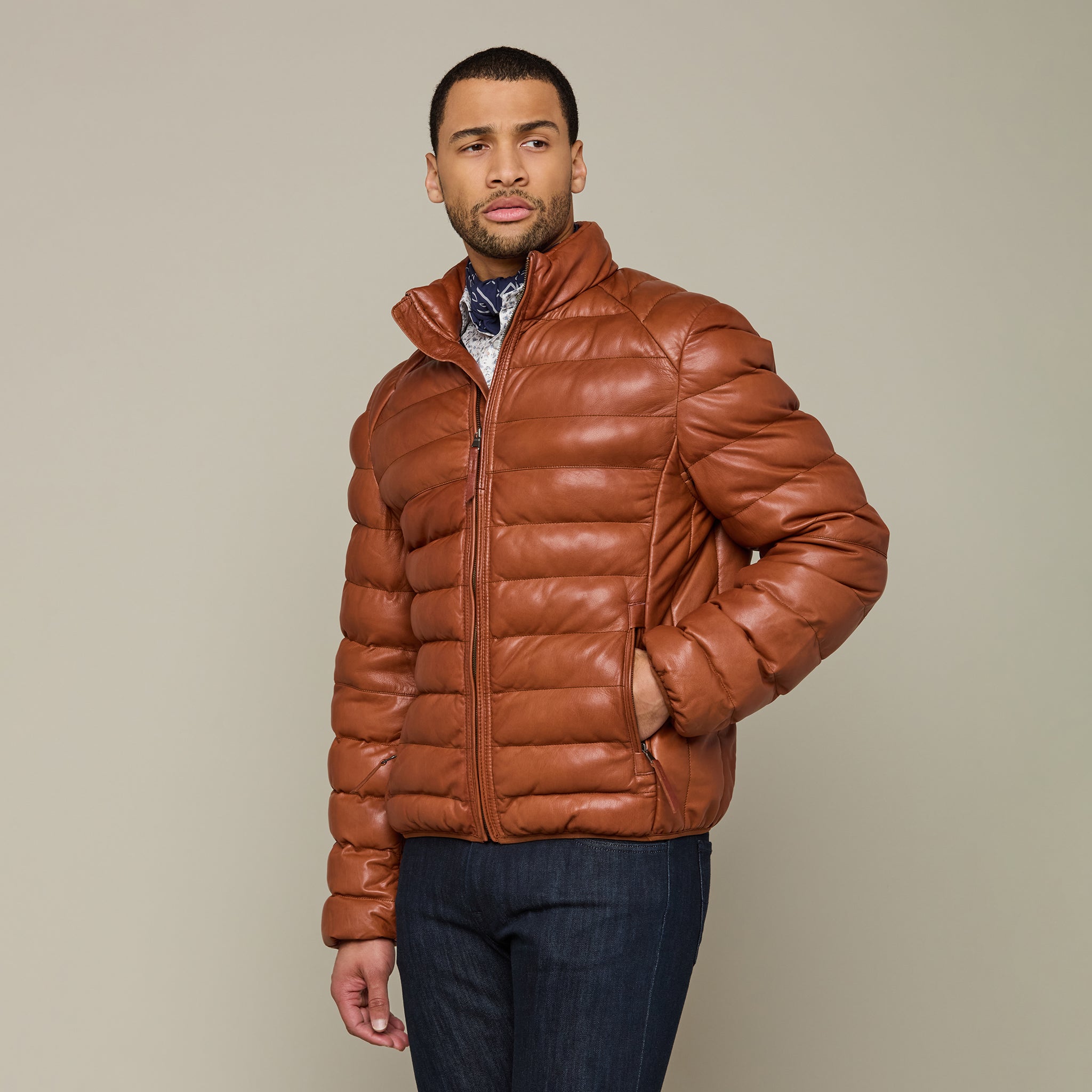 Men's Leather Puffer Jacket :: Cognac