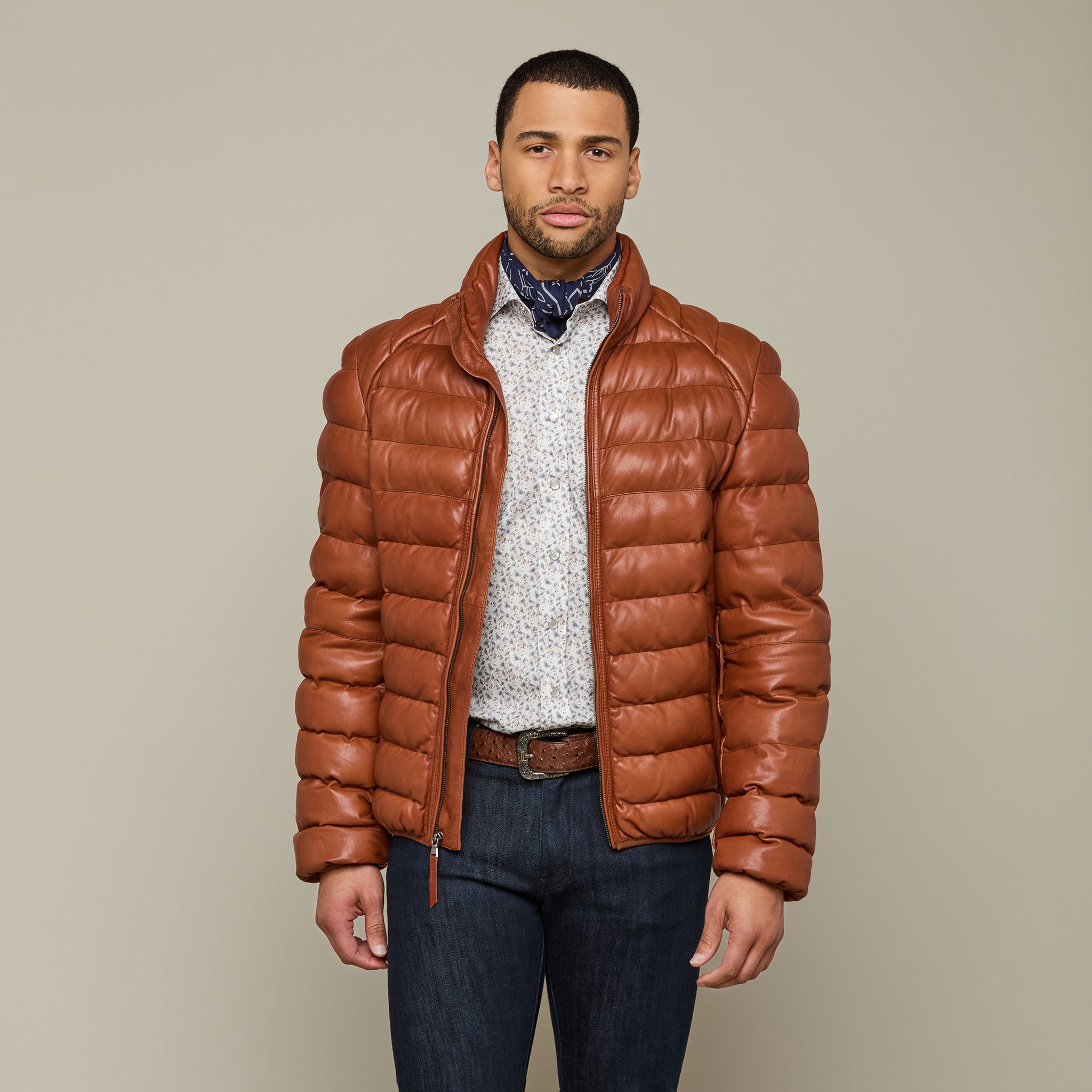 Men's Leather Puffer Jacket :: Cognac