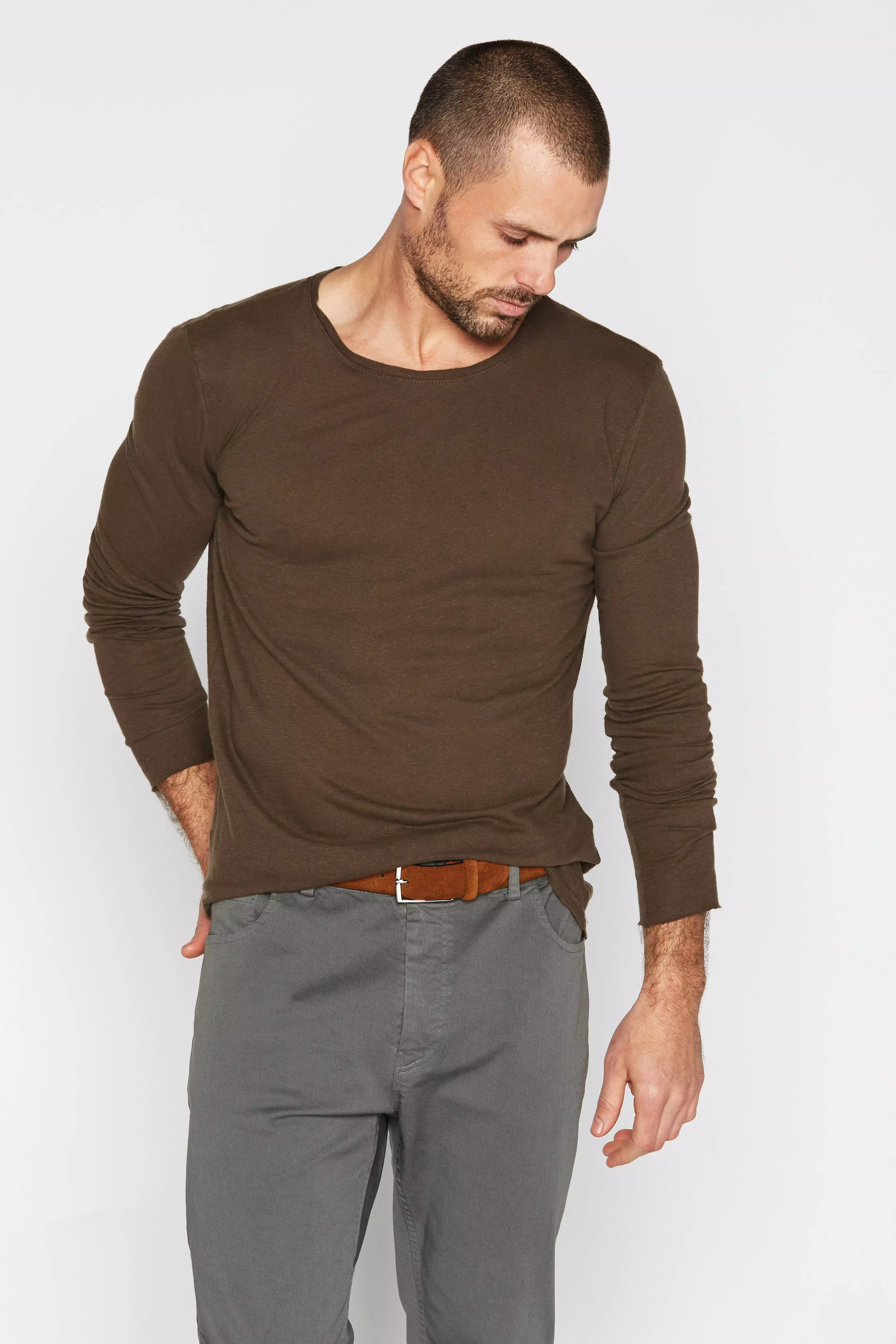 Men's Linen Blend Crew Neck Long Sleeve