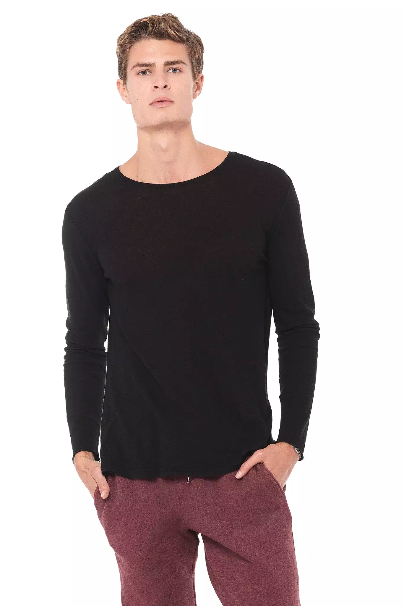 Men's Linen Blend Crew Neck Long Sleeve