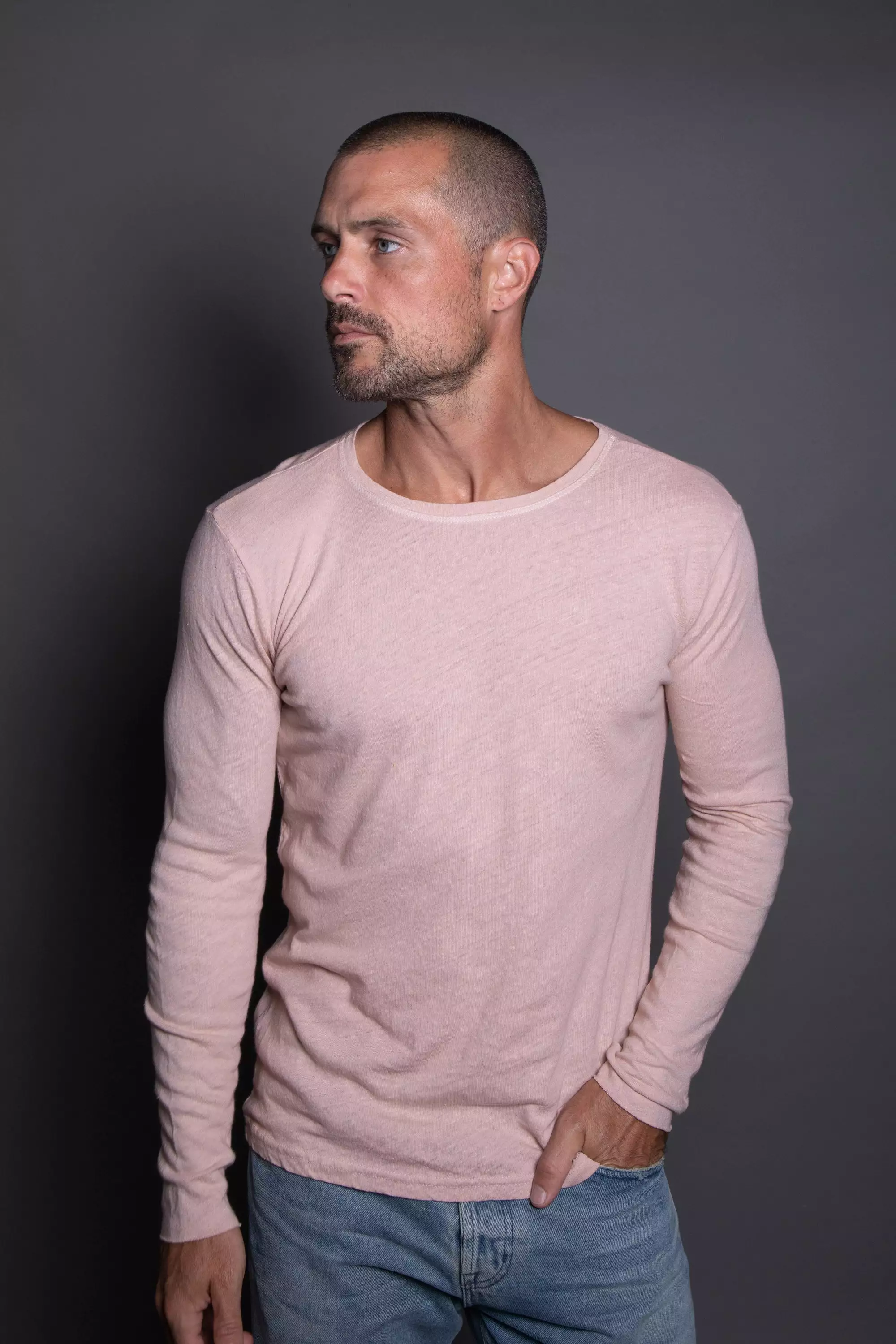 Men's Linen Blend Crew Neck Long Sleeve