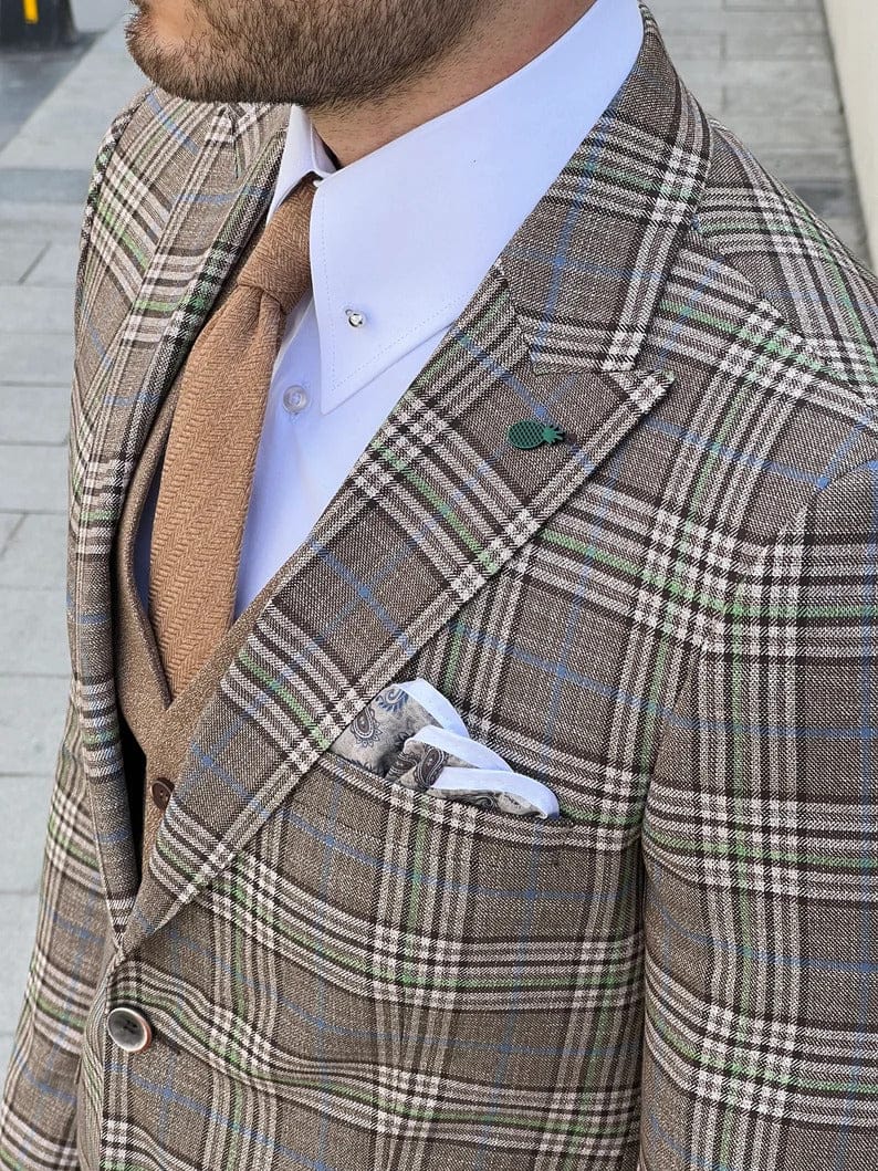 Slim Fit Beige Plaid Wool Men Jacket