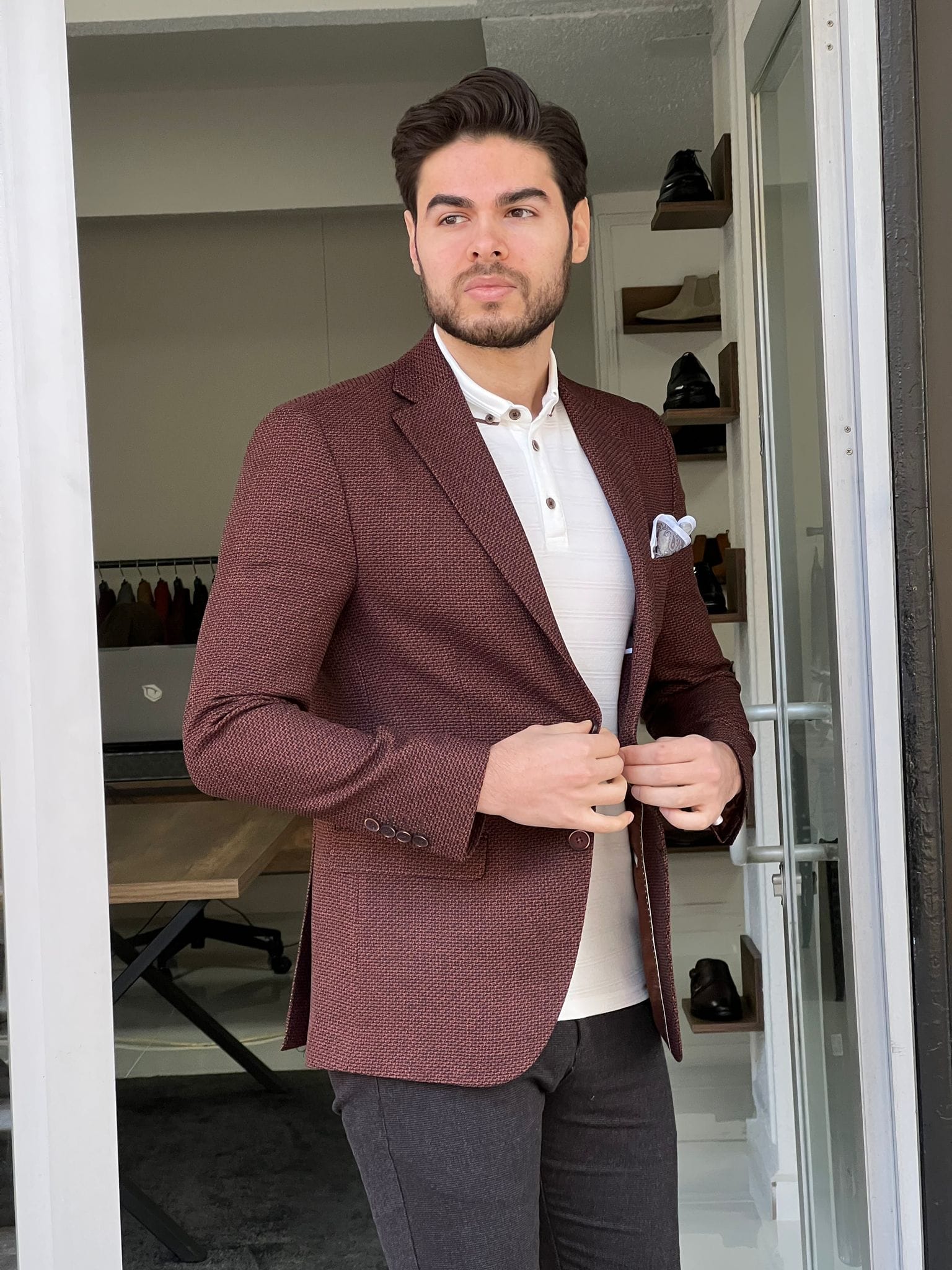 Slim Fit Knitted Brown Jacket