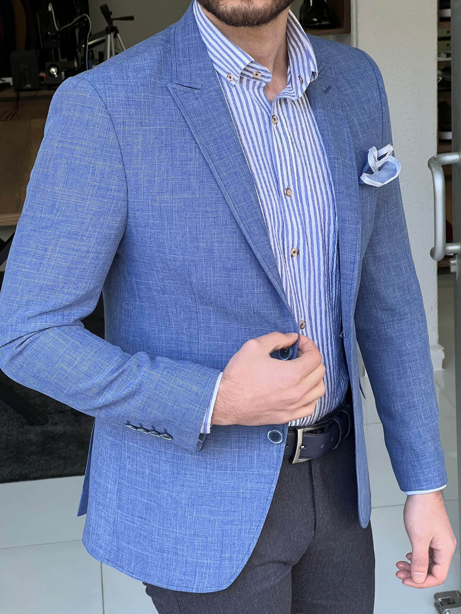 Slim Fit Self-Patterned Cotton Blue Jacket