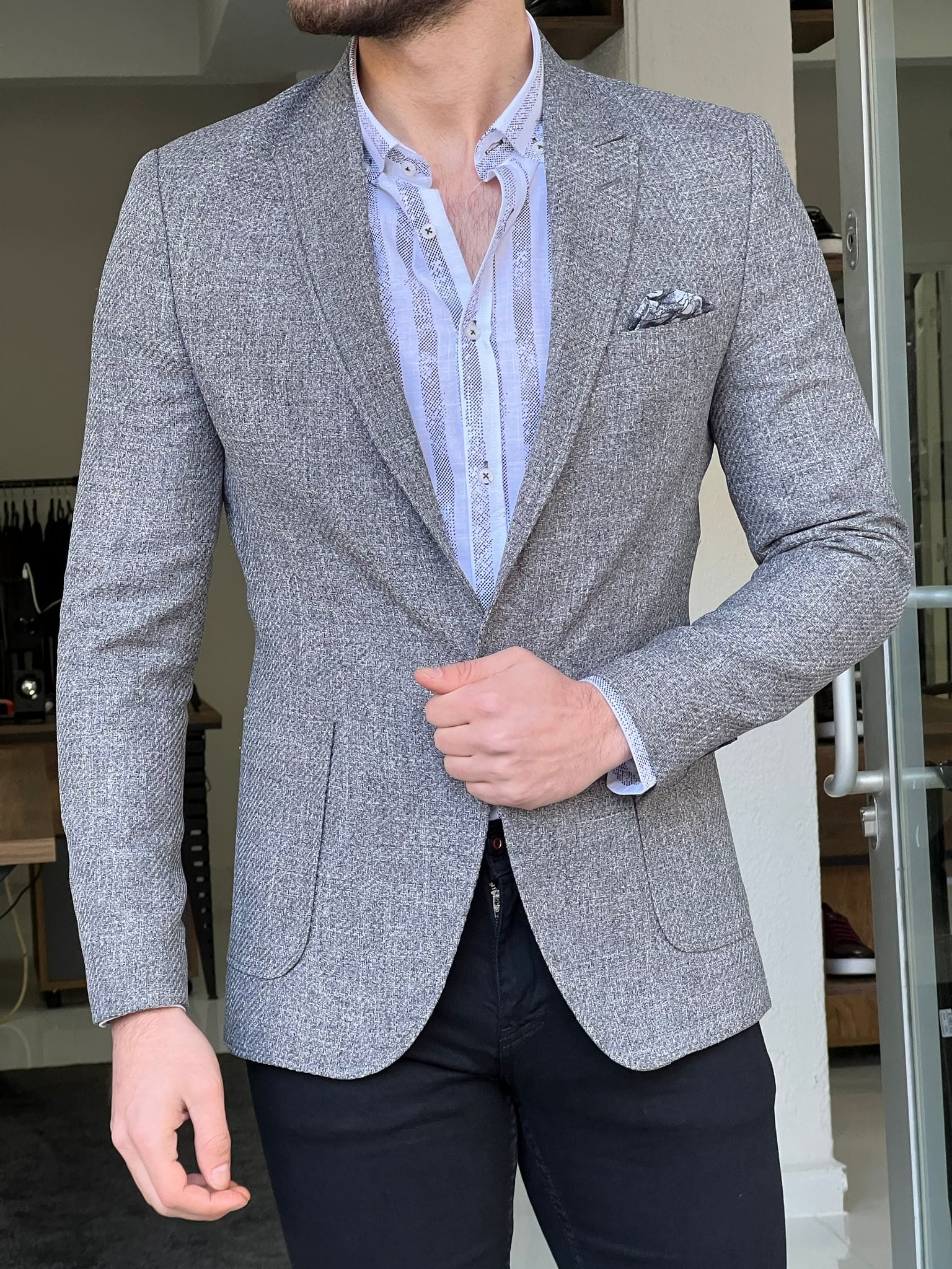 Slim Fit Self-Patterned Grey Jacket