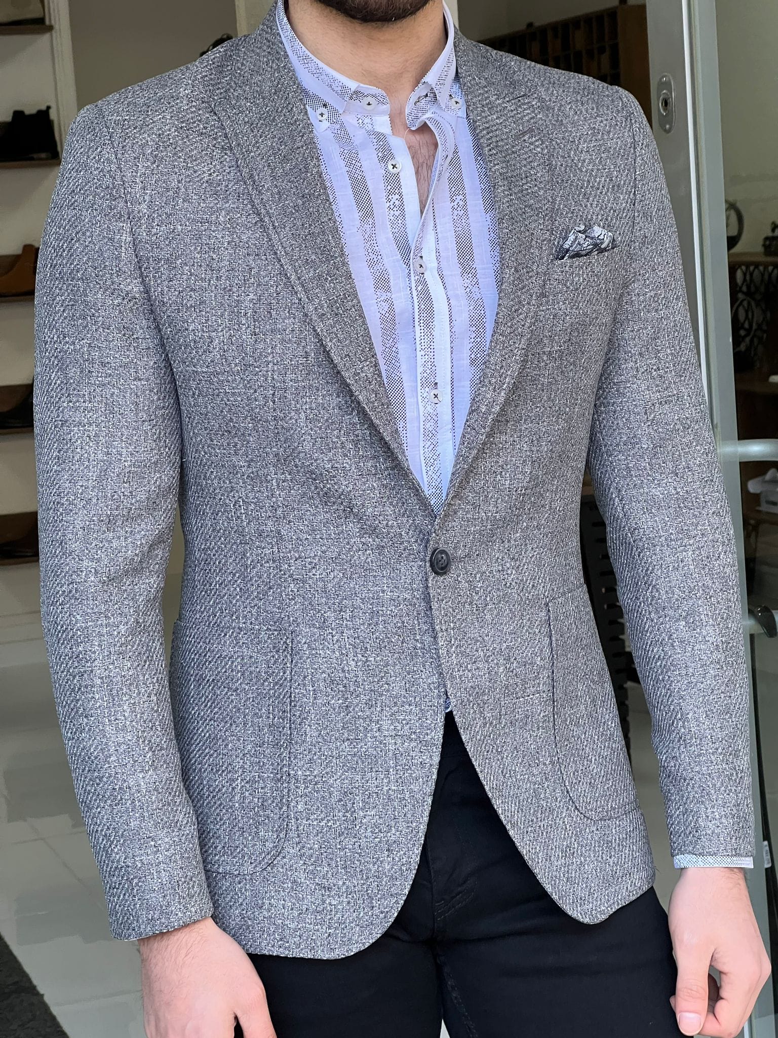 Slim Fit Self-Patterned Grey Jacket