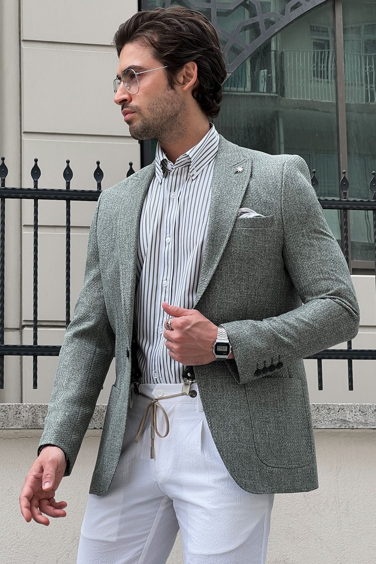 Slim-fit Self-Patterned Light Green Blazer