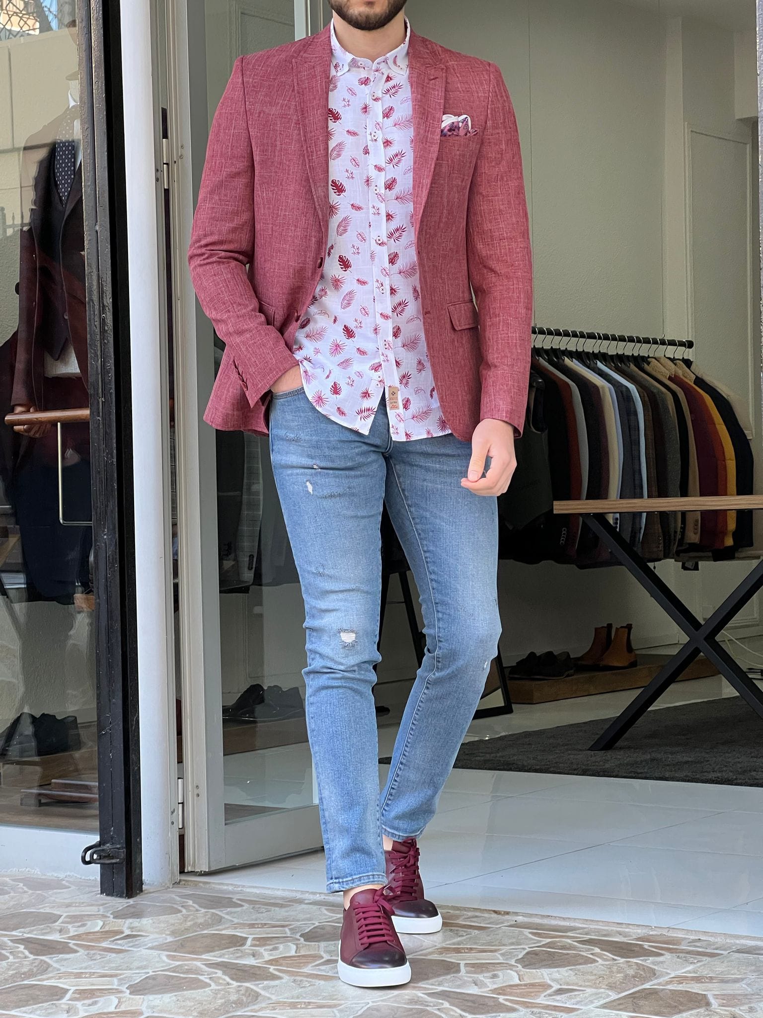 Slim Fit Self-Patterned Red Cotton Jacket