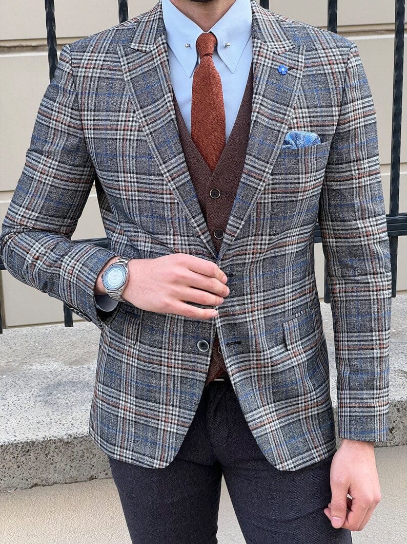 Slim Fit Wool Plaid Grey Suit Jacket