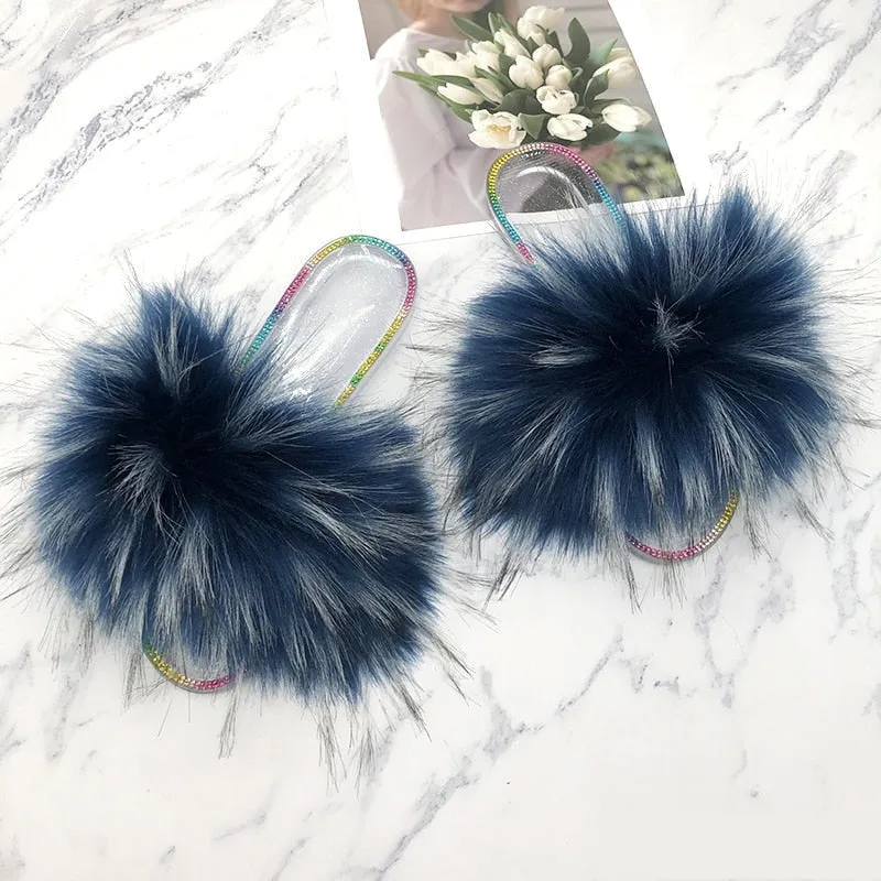 Summer Fashion Casual Navy Blue Synthetic Fur Slides Slippers for Women