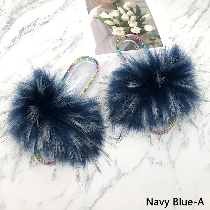 Summer Fashion Casual Navy Blue Synthetic Fur Slides Slippers for Women